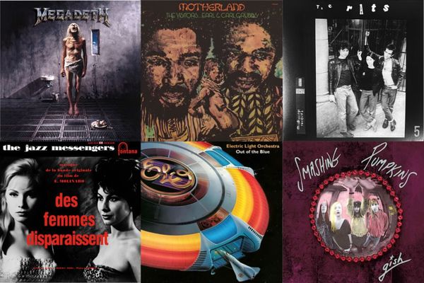Cover art for Megadeth, the Visitors, the Rats, Art Blakey and the Jazz Messengers, Electric Light Orchestra, and Smashing Pumpkins.