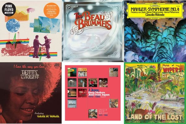 Cover art for Pink Floyd, the Beau Brummels, Mahler/Abbado, Betty Wright, J Jazz, and the Wipers.