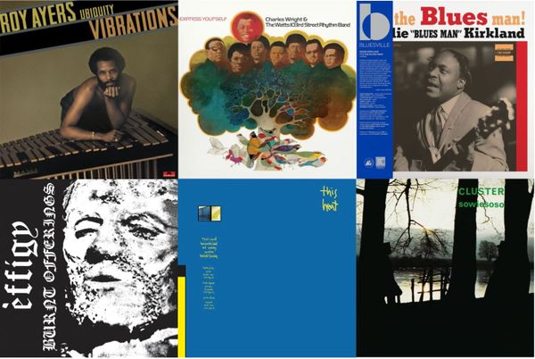 Cover art for Roy Ayers Ubiquity, Charles Wright, Eddie Kirkland, Effigy, This Heat, and Cluster.