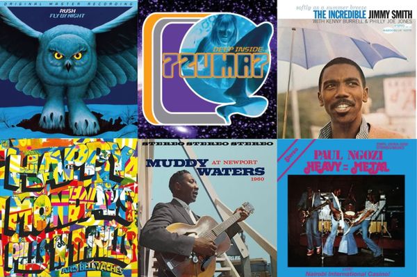 Cover art for Rush, 7Zuma7, Jimmy Smith, Happy Mondays, Muddy Waters, and Paul Ngozi.