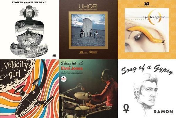 Cover art for Flower Travellin' Band, the Who, A Perfect Circle, Velocity Girl, Elvin Jones, and Damon.