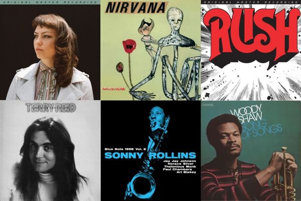 Cover art for Angel Olsen, Nirvana, Rush, Terry Reid, Sonny Rollins, and Woody Shaw.