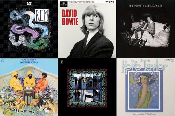 Cover art for R.E.M., David Bowie, the Velvet Underground, the Three Sounds, Terry Callier, and Koko Taylor.