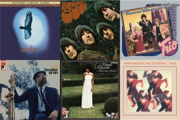 Cover art for Antônio Carlos Jobim, the Beatles, Dolly Parton/Linda Ronstadt/Emmylou Harris, Booker Ervin, Minnie Riperton, and INXS.