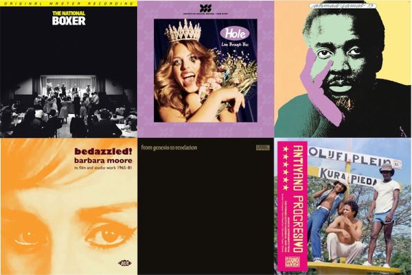 Cover art for the National, Hole, Ahmad Jamal, Barbara Moore, Genesis, and Antiyano Progresivo.