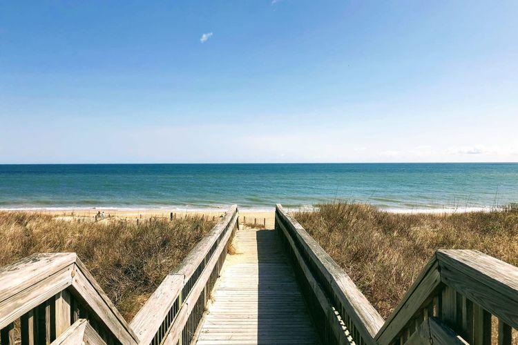 A wooden boardwalk in Topsail winds through beach dune grass down to the ocean under a clear blue sky.