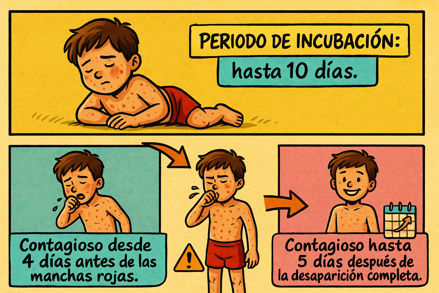 Tres viñetas estilo cómic muestran al mismo niño en formato 4:3: 1) sentado con manchas leves y leyenda ‘Periodo de incubación: hasta 10 días. Sin síntomas aparentes’; 2) de pie tosiendo con manchas más visibles y leyenda ‘Contagioso desde 4 días antes de las manchas rojas’; y 3) sonriente sin manchas y calendario con leyenda ‘Contagioso hasta 5 días después de la desaparición completa’