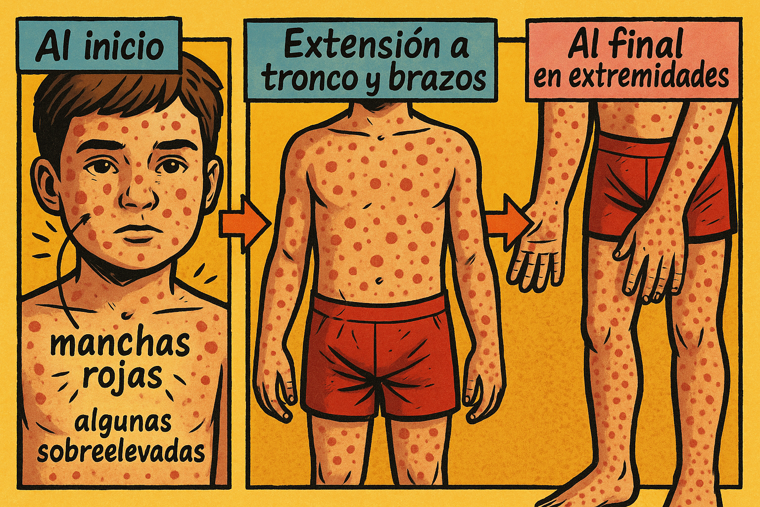 Ilustración novela gráfica 4:3 en tres viñetas: 1) primer plano de rostro con manchas rojas y algunas sobreelevadas, 2) extensión de las lesiones a tronco y brazos, 3) fase avanzada en extremidades; banners pastel, tipografía hand-lettered y flechas naranjas.