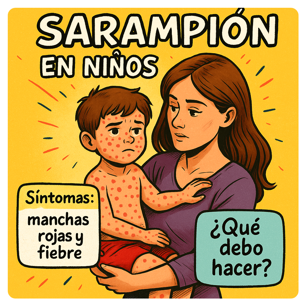 Niño con manchas rojas en la piel y su madre preocupada cogiéndolo en brazos. Hay dos boxes que dicen "síntomas: manchas rojas y fiebre" y otro box "¿Qué debo de hacer?".