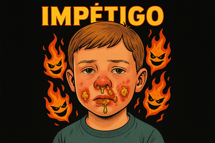 Niño con impétigo en primer plano, fondo negro. Título “IMPÉTIGO” en amarillo con borde rojo. Costras amarillas, mocos, llamas caricaturescas alrededor.