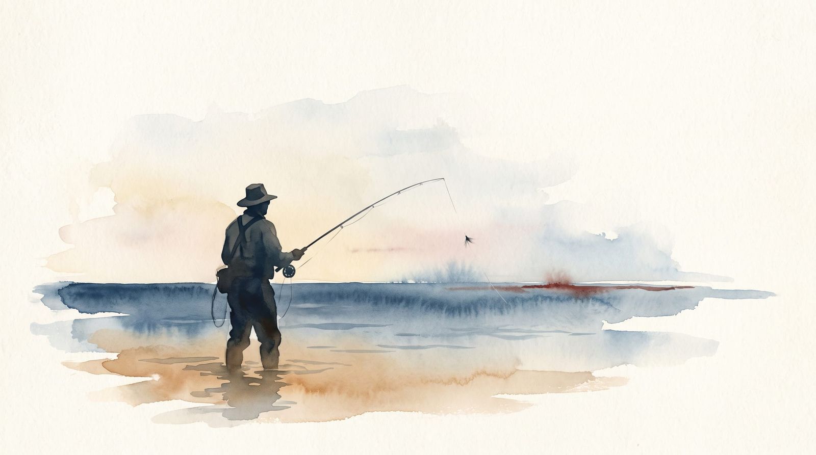 Watercolor illustration of a lone fly fisherman wading a shallow tropical flat at dawn