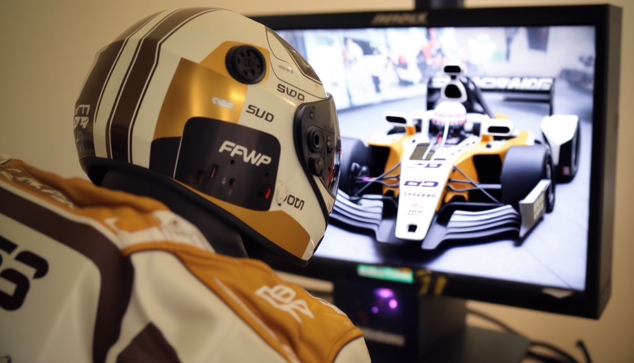 Un tizio con un casco e una tuta gioca a un videogioco di F1
