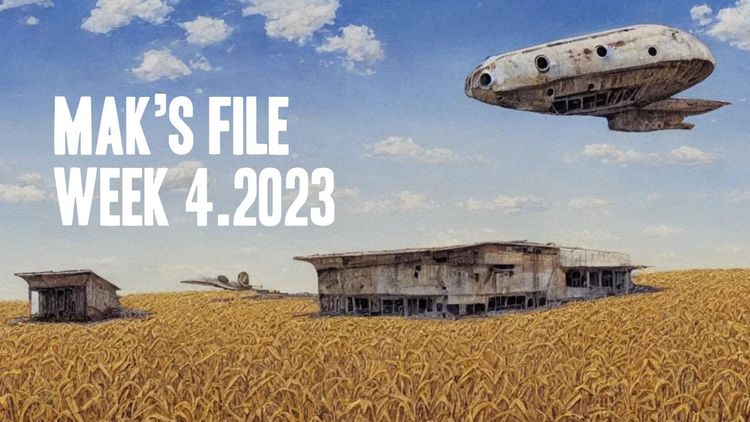 Un drone che vola su un campo di grano enorme, con alcune case diroccate