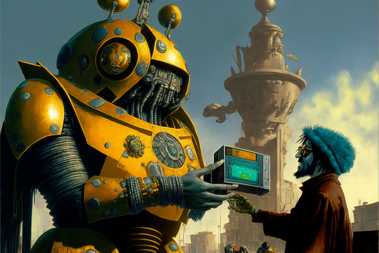 A yellow robot with a box in the hands - a man with blue hat receiving it