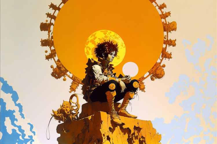 Immagine di una figura umanoide su una roccio con sfondo una specie di sole con degli ingranaggi