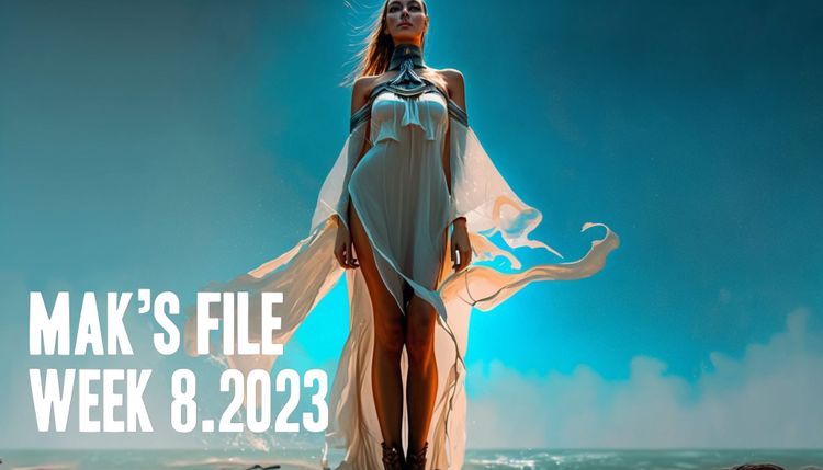 Immagine si una donna magrissima vestita come una dea greca che si erge dal mare, sfondo del cielo blu 