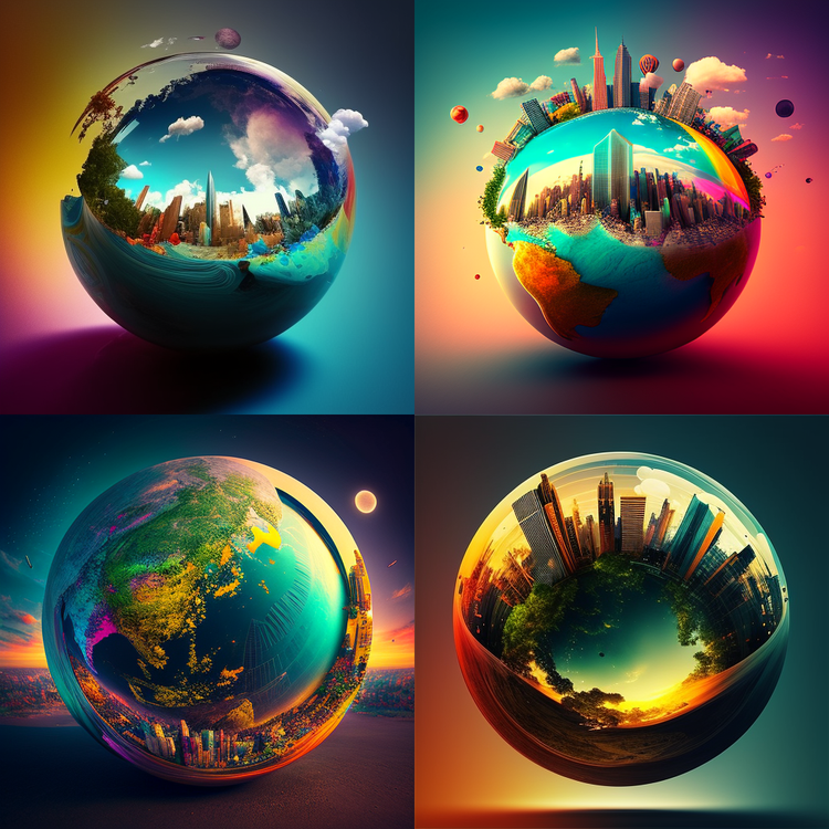 immagine generata da midjourney in cui si vedono 4 sfere di vetro che contengono dei palazzi.