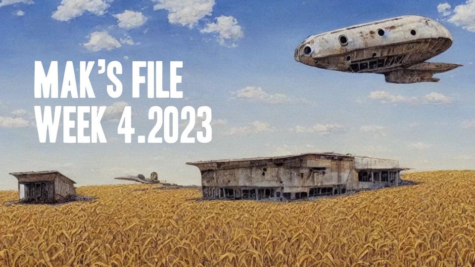 Un drone che vola su un campo di grano enorme, con alcune case diroccate