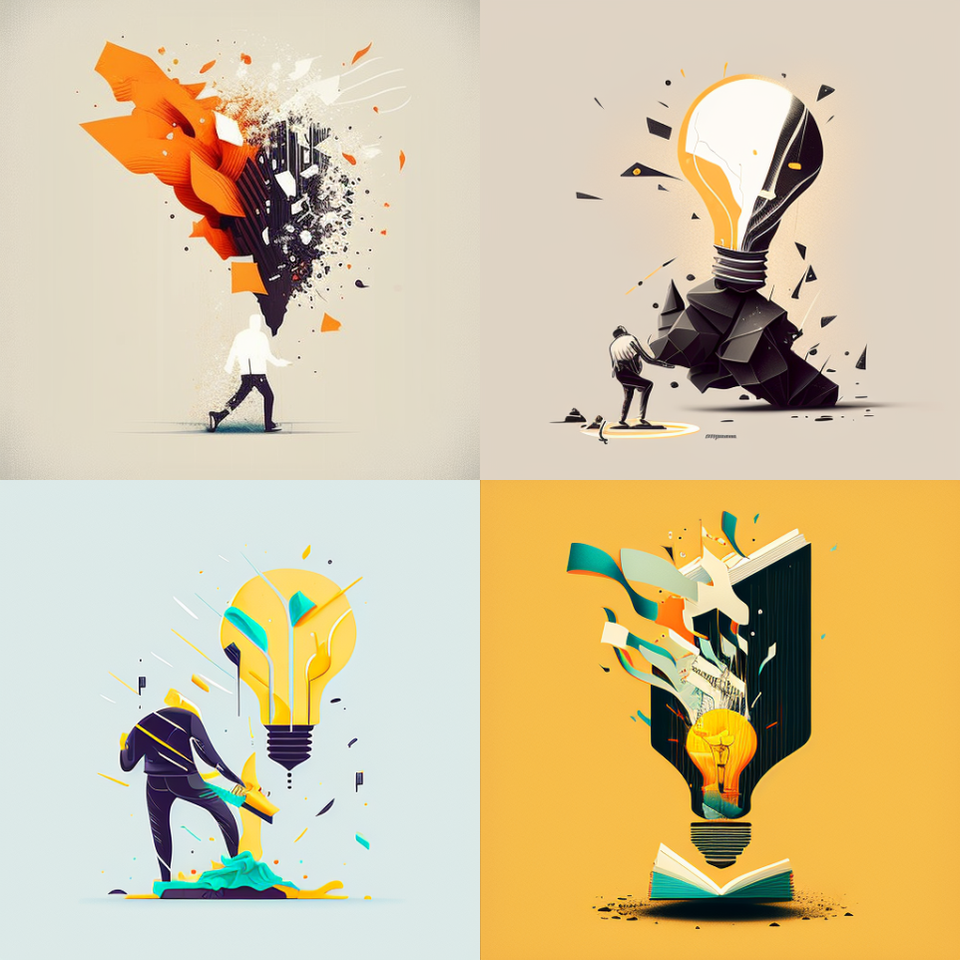 Immagine divisa in 4 creata con Midjourney con le tematiche di innovation transformation digitlization