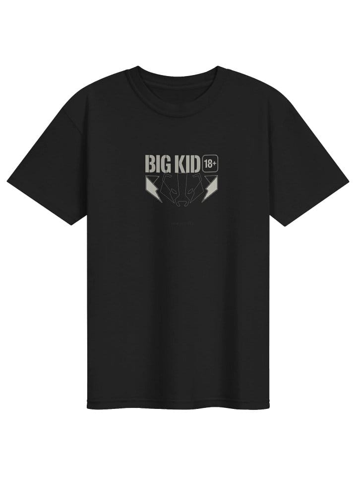 BIG KID 18+ T โ black heavyweight tee with the BIG KID badger-and-bolts print