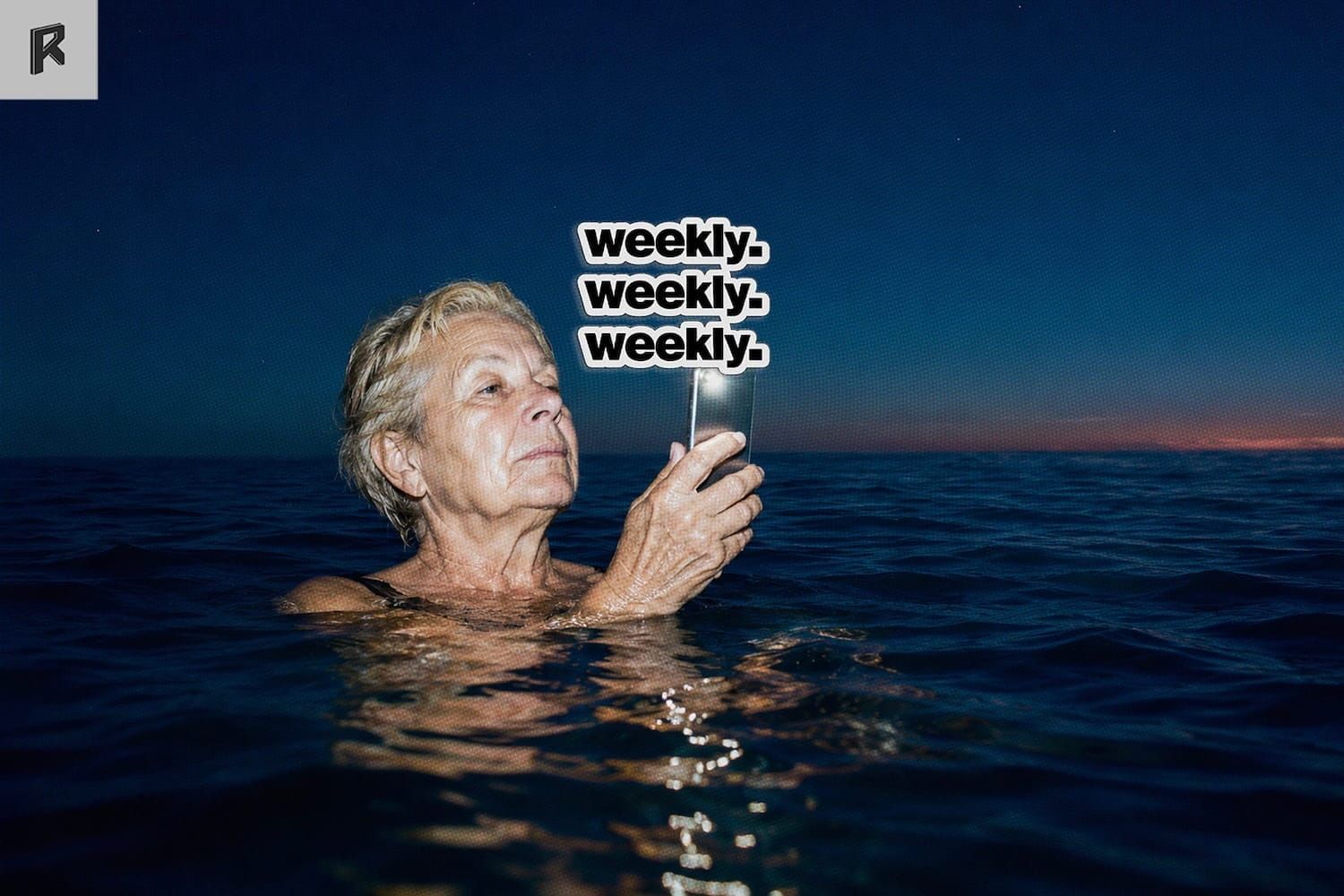 Grandma in the sea watching vertical drama and microdrama on her phone (real-reel.com)