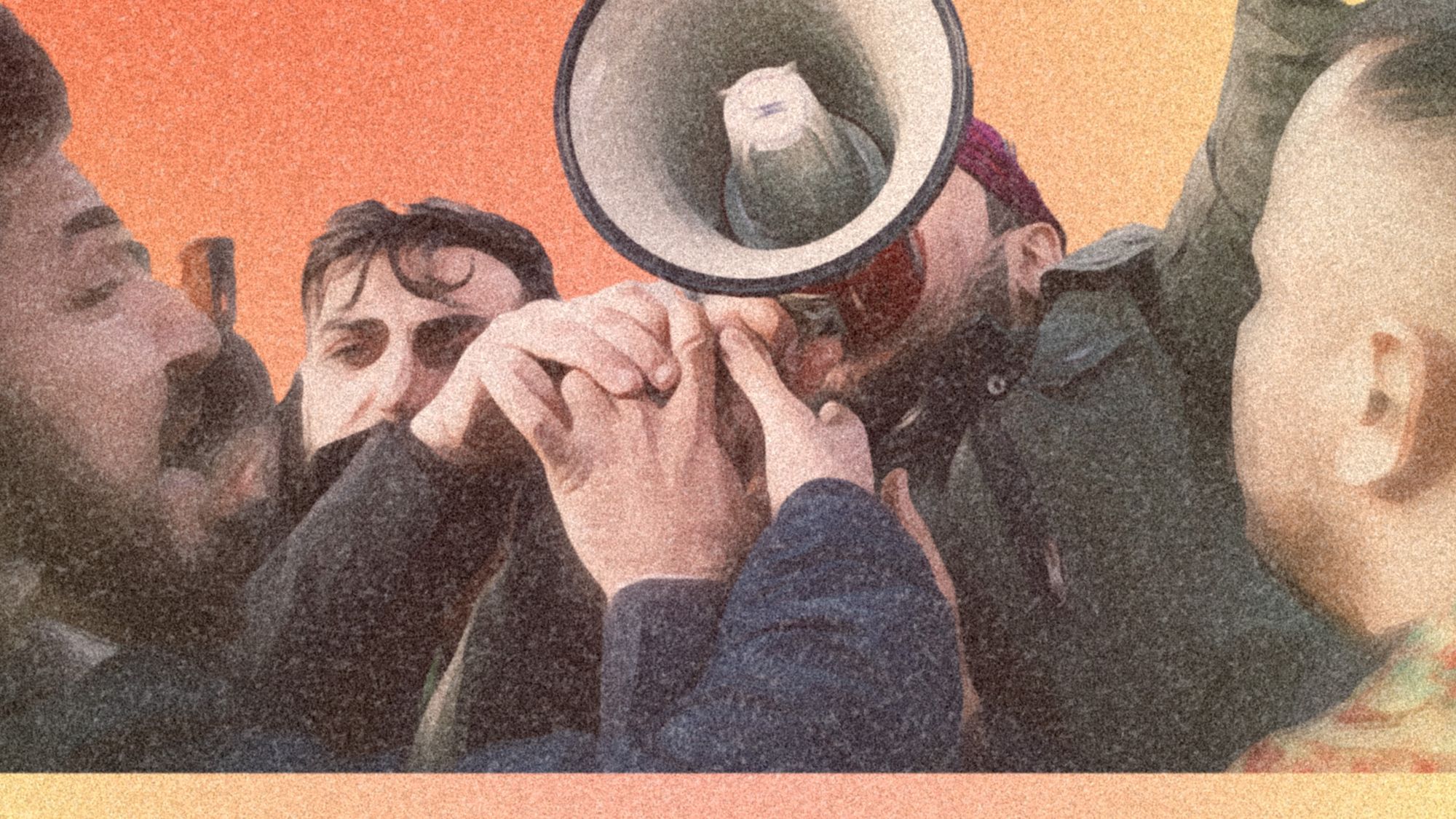 People fighting to shout through a megaphone. 