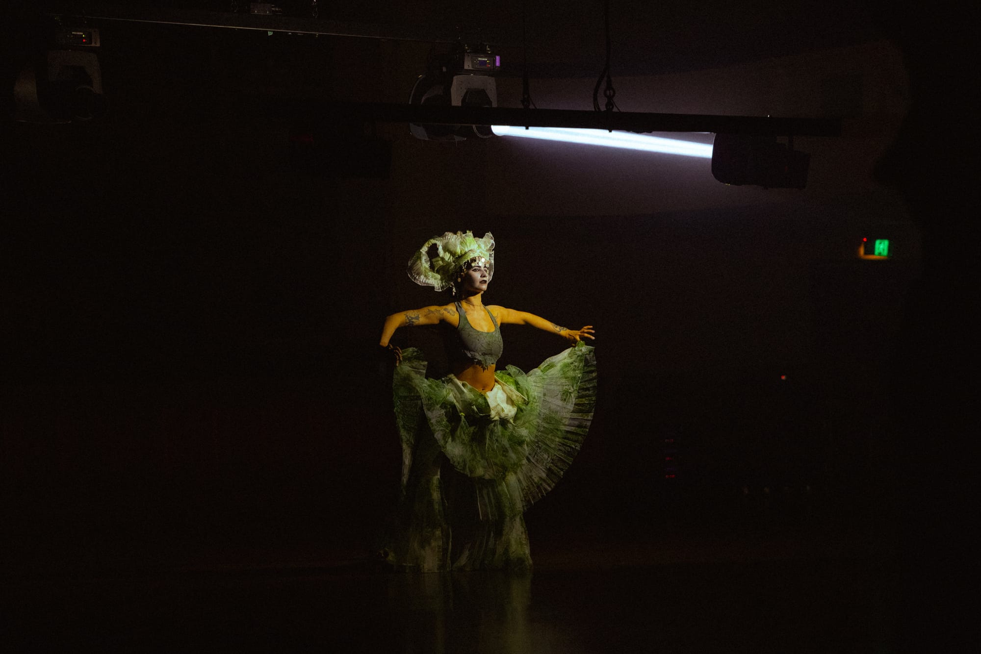 A dancer in an elaborate green ruffled costume and white-painted face stands alone in a pool of light on the darkened Melbourne Town Hall stage during Chunky Move’s Time Remaining.
