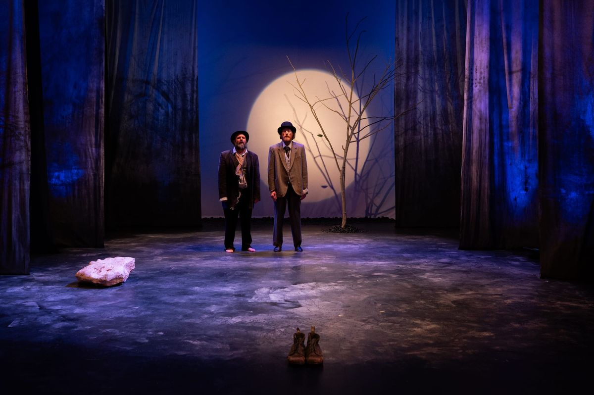 Vladimir and Estragon stand side by side on a sparse stage beneath a large glowing moon. A bare tree rises behind them, with a rock and a pair of boots in the foreground.