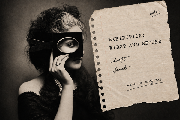 La Castiglione peers through a frame held over one eye beside a torn sheet of notepaper reading “Exhibition: First and Second”, with “draft” and “final” crossed out and “work in progress"