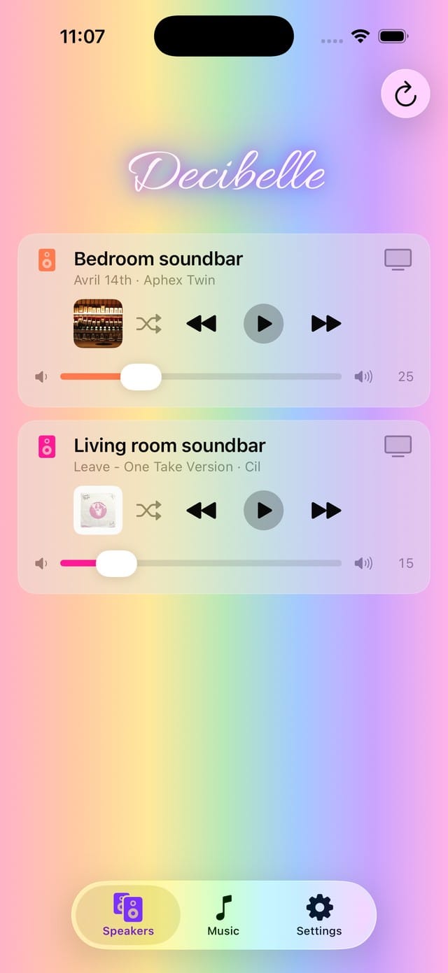 Decibelle speakers view with now-playing cards