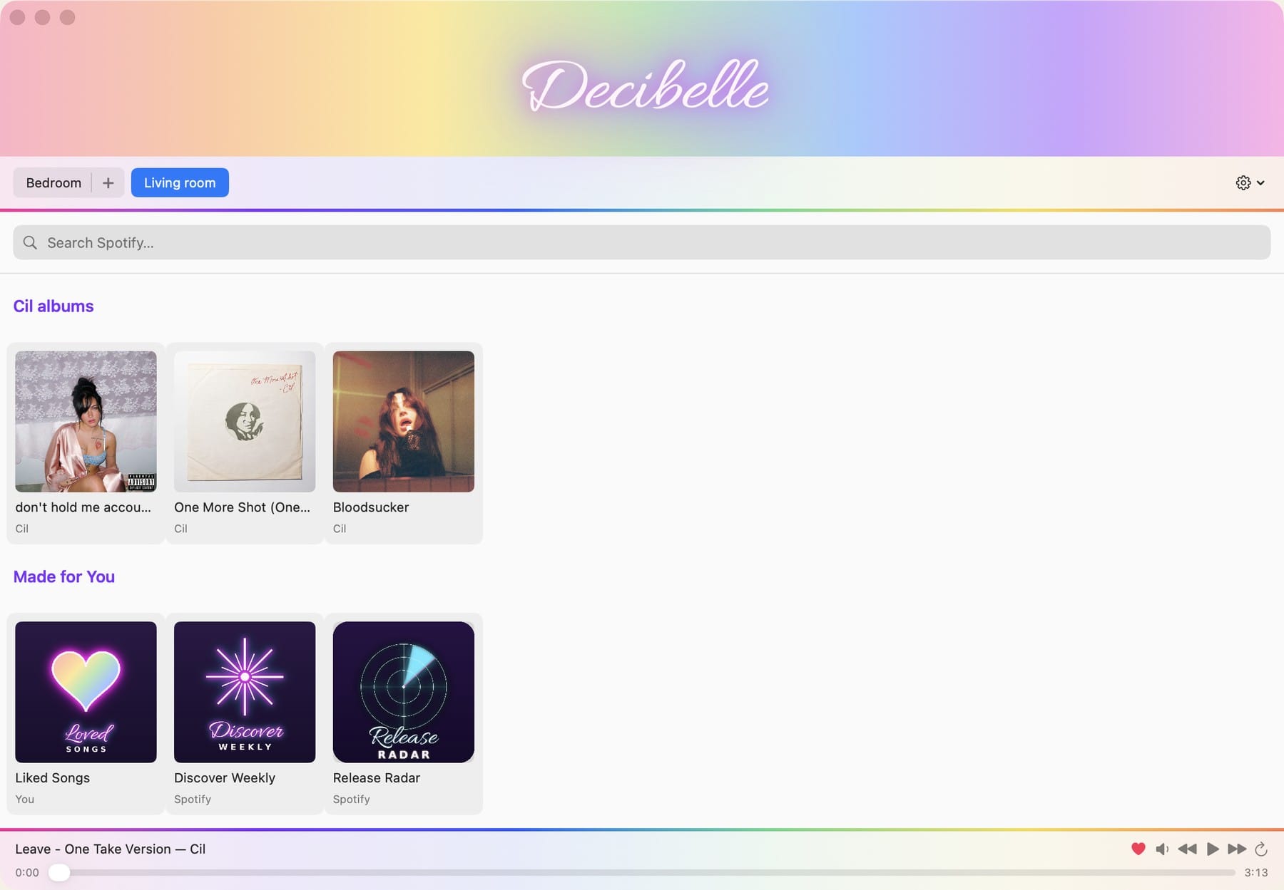 Decibelle Mac app player window with Spotify search, artist albums, and custom Made for You tiles