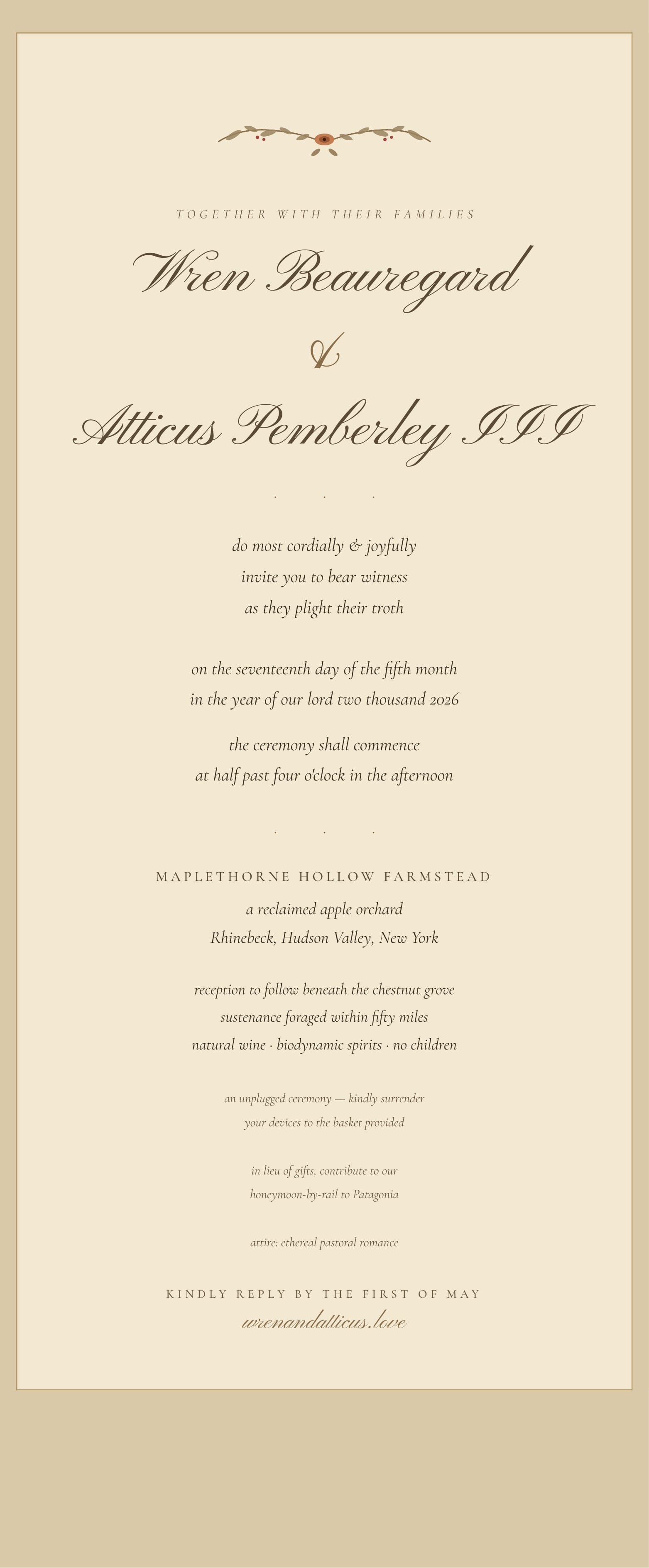 Fake wedding invitation for Wren Beauregard and Atticus Pemberley III, used as a test fixture