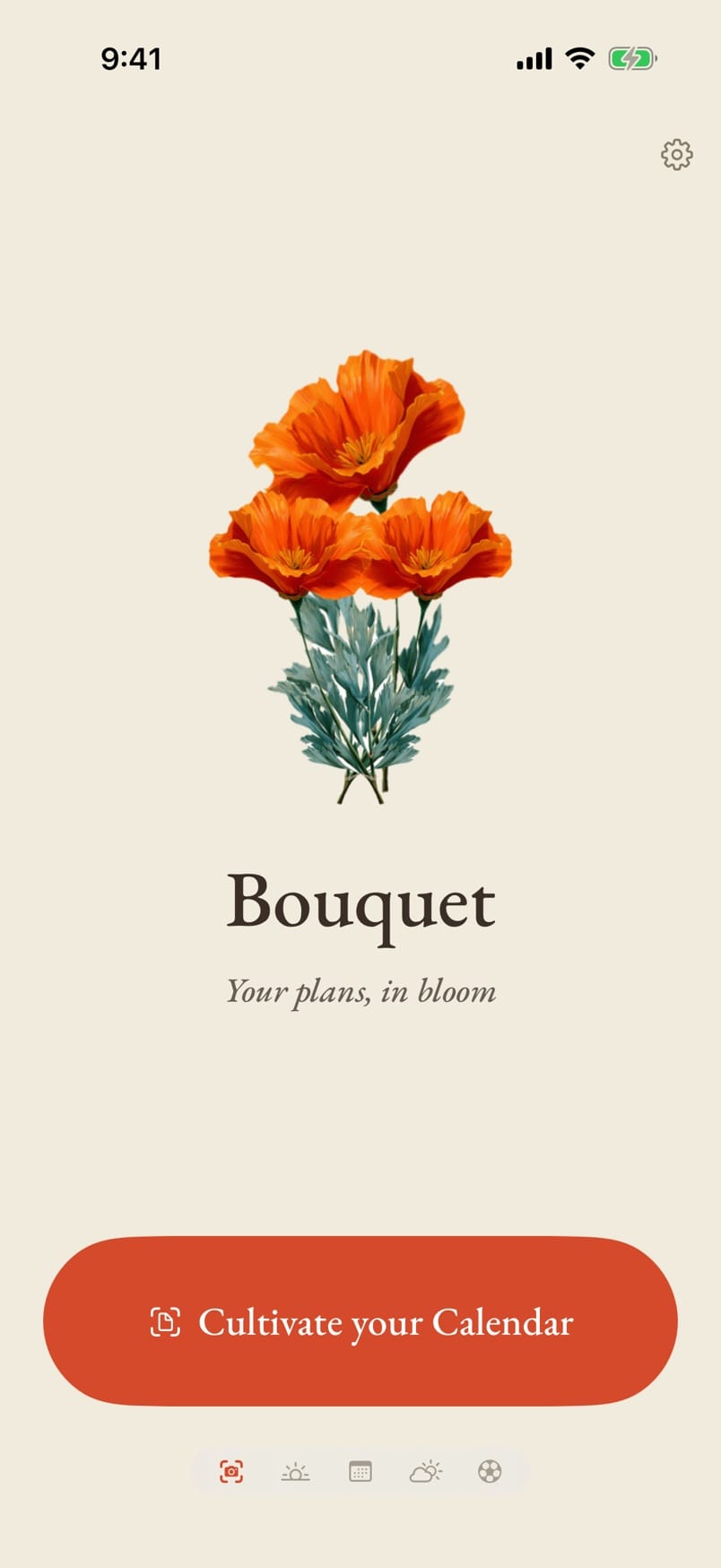Bouquet home screen with the Cultivate your Calendar button