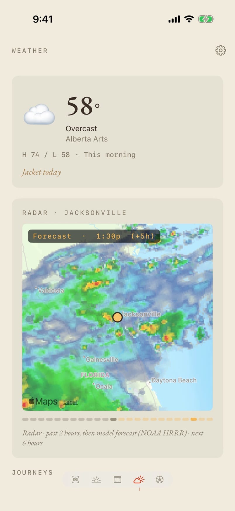 Bouquet weather page with current conditions and a radar map