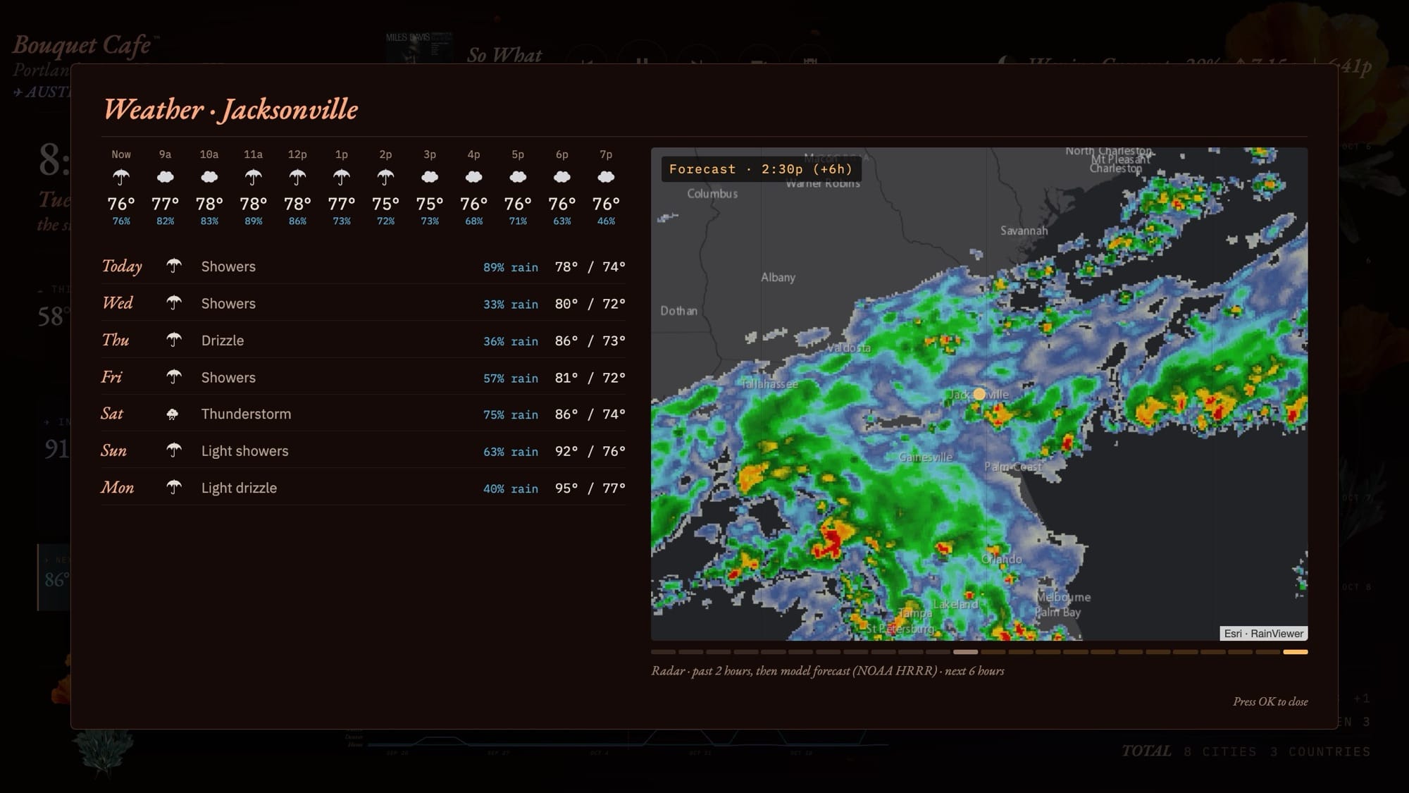 Bouquet Cafe weather panel with hourly and seven-day forecast and a radar map