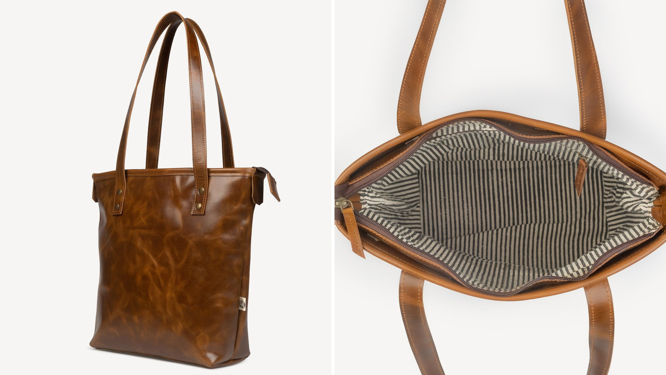 Brown leather tote bag with dual straps, shown from side and top views. The interior features gray and white striped lining, exuding a chic and sophisticated tone.