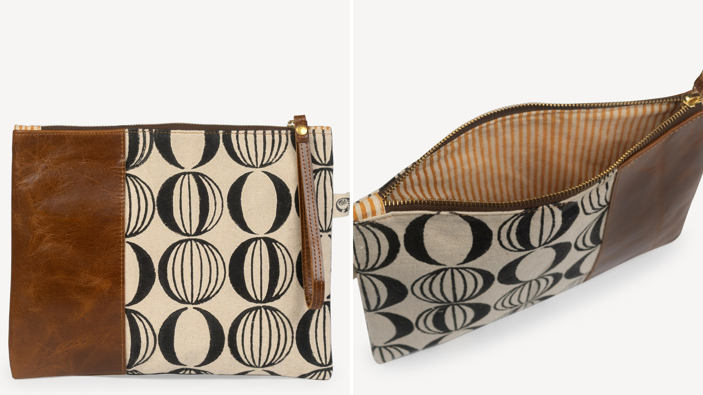 A clutch bag divided into two panels: brown leather on the left and beige fabric with black circular patterns on the right. The interior is lined with brown and white stripes.
