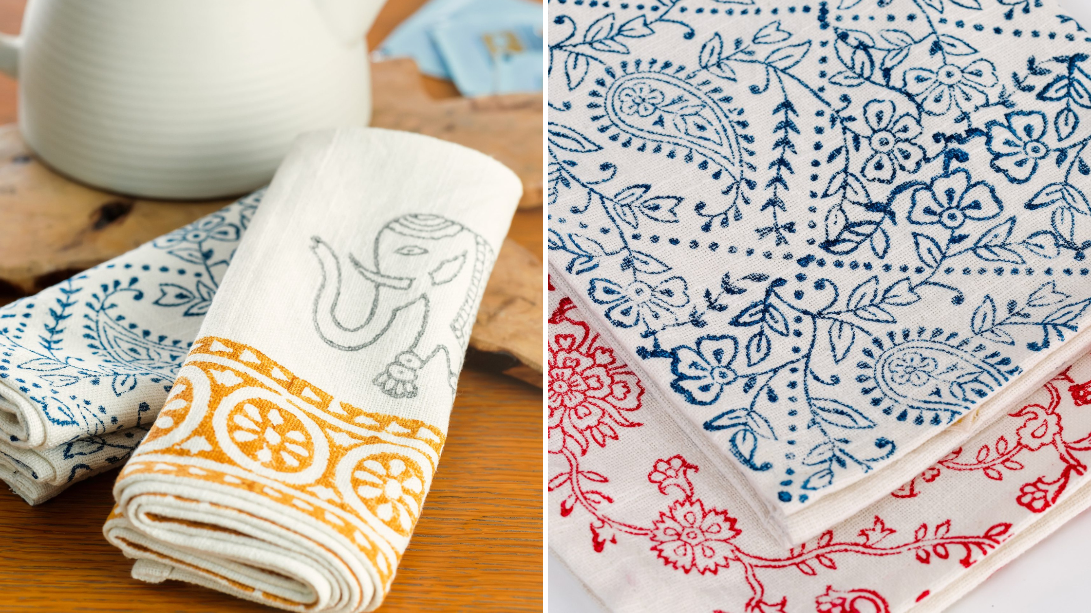 Two sets of intricately designed fabric napkins. One set features a blue and red floral paisley pattern, while the other has an elephant and geometric motifs in gold.
