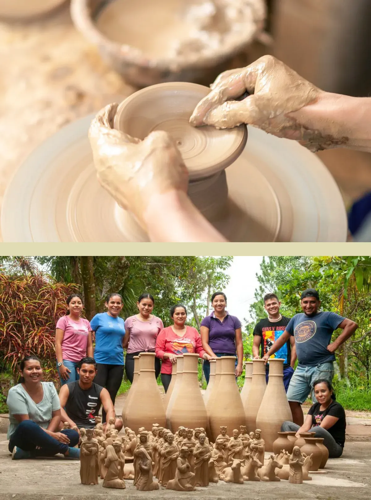 A close-up of hands shaping clay on a pottery wheel above, and a group of eight people posing with large and small pottery pieces in an outdoor setting below.