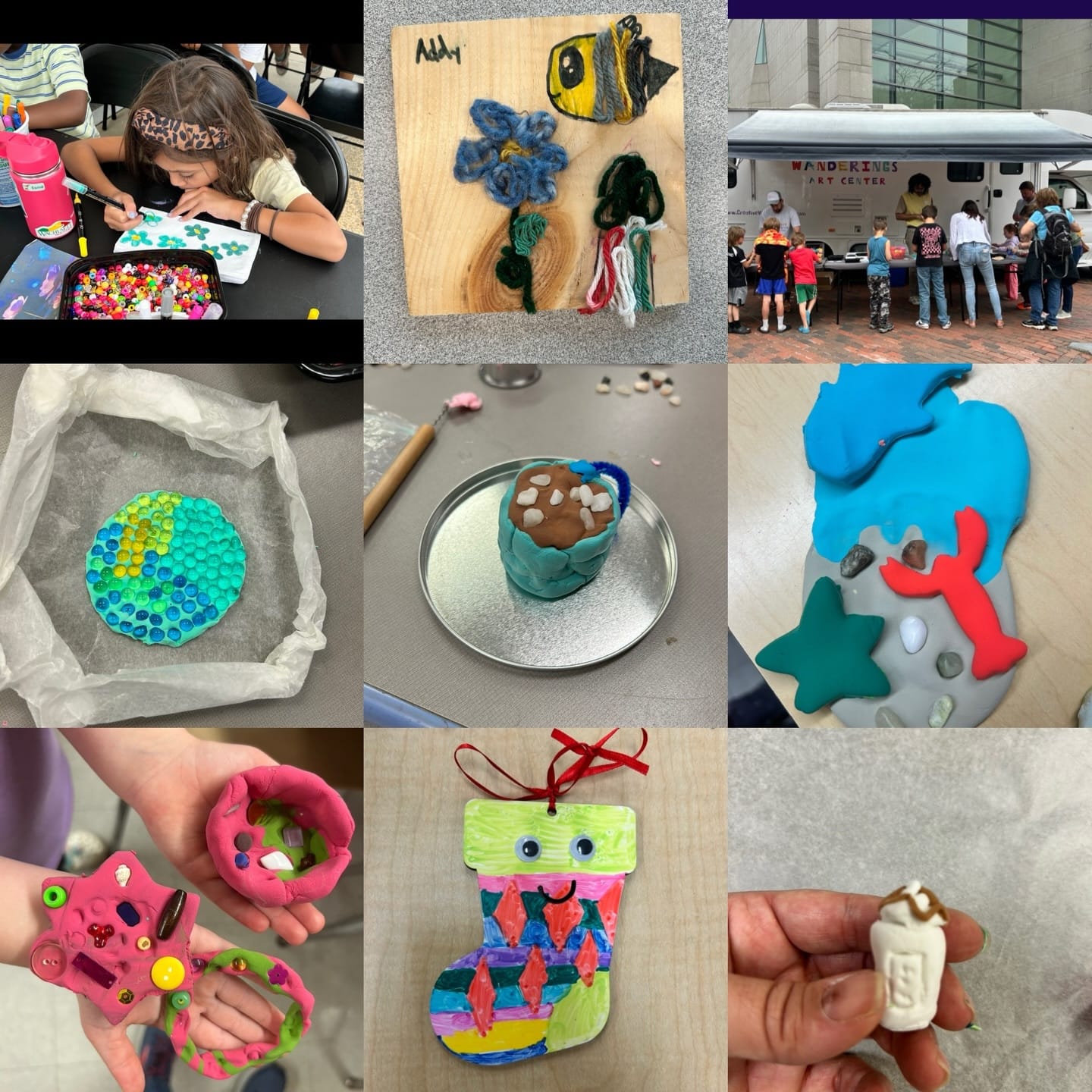 Collage of children making colorful crafts and slime, handmade sculptures and ornaments, plus visitors gathered outside a wonder-themed art center.