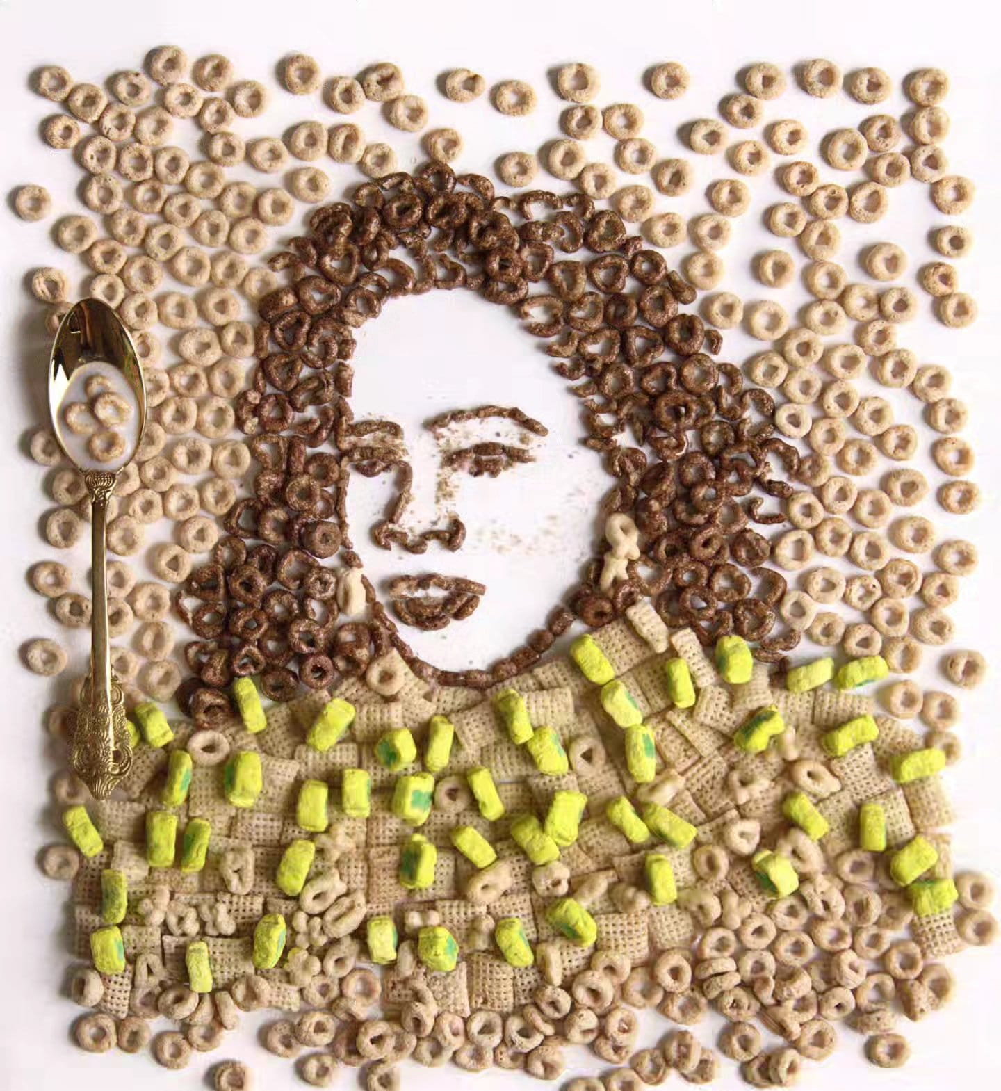Food art portrait of Oprah Winfrey made with cereal, featuring dark cereal curls, a cereal-covered outfit with bright green accents and a gold spoon at the left.