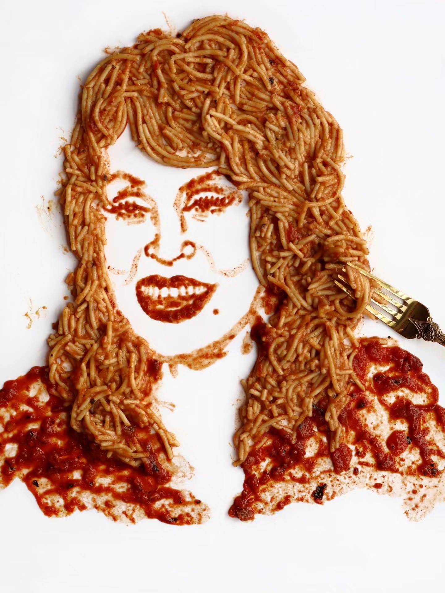 Food art portrait of Dolly Parton on a white plate, made with spaghetti and tomato sauce, with pasta forming her hair and sauce forming her facial features and clothing.
