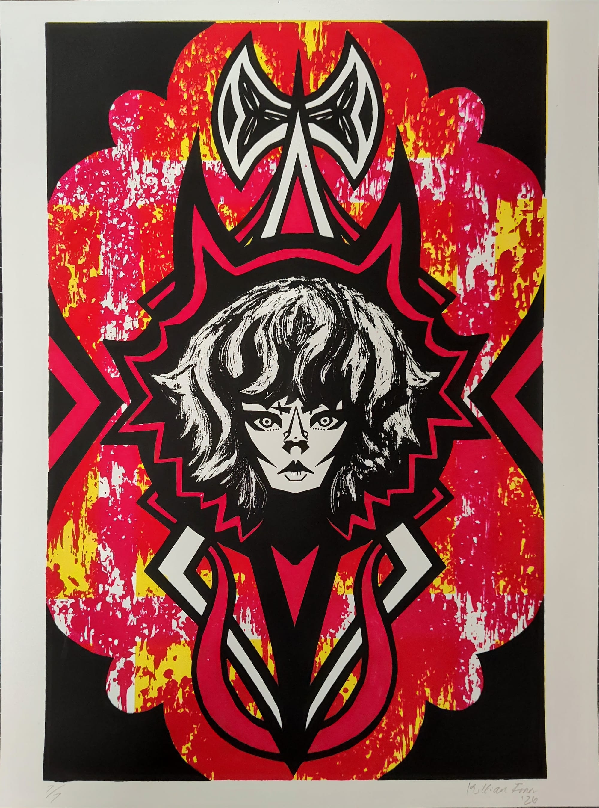 Symmetrical screen print of an illustrated face with tousled black-and-white hair. The face is framed by a jagged black and hot-pink starburst. A distressed background of red, pink and yellow fills the space around it. The print is signed and numbered.