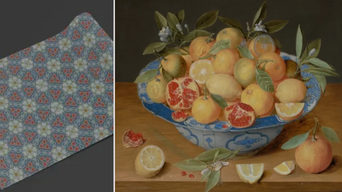 Side-by-side comparison. On the left, a sheet of wrapping paper in a slate-blue kaleidoscope pattern of red triangles, pale blue shapes and gold stars. On the right, the painting it was made from: lemons, oranges and split pomegranates heaped in a blue-and-white porcelain bowl on a wooden table, with cut citrus, leaves and white blossoms scattered around it.