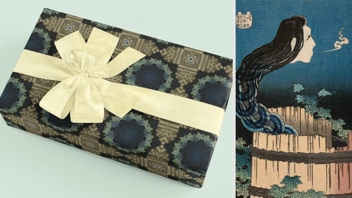Side-by-side comparison. On the left, a gift wrapped in navy and tan paper with a cream ribbon and bow. The pattern repeats dark blue circles ringed in teal leaves, set between tan geometric diamonds. On the right, the Japanese woodblock print it was made from: a pale ghost with long black hair rises from a wooden well, breathing out a wisp of smoke. Her body is a coiled chain of blue-and-white plates, and maple leaves cover the well.