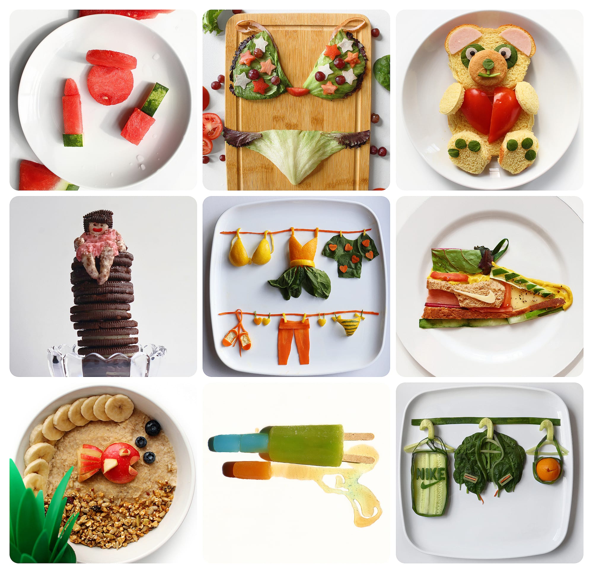 A nine-image collage of food art, including a watermelon face, a festive vegetable outfit, a bear made from bread and vegetables, a cookie sculpture, fruit and vegetable clothing, a sandwich scene, an oatmeal crab, a popsicle water gun and cucumber boxing gear.
