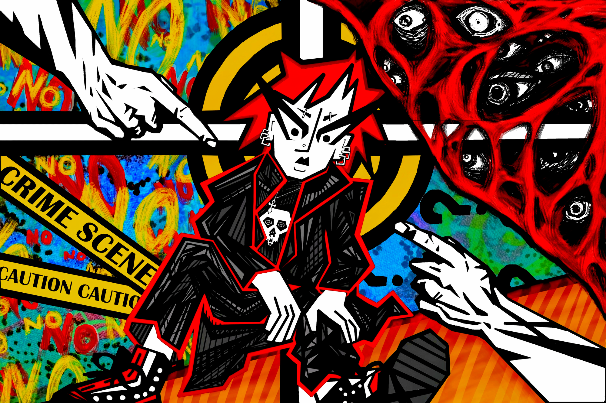 Bold illustration of an angular, red-haired punk figure in a black jacket and skull pendant, sitting cross-legged. Two white hands point at the figure from either side. Yellow crime scene and caution tape crosses a background scribbled with the word “NO.” A red mass filled with staring eyes looms in the upper right.