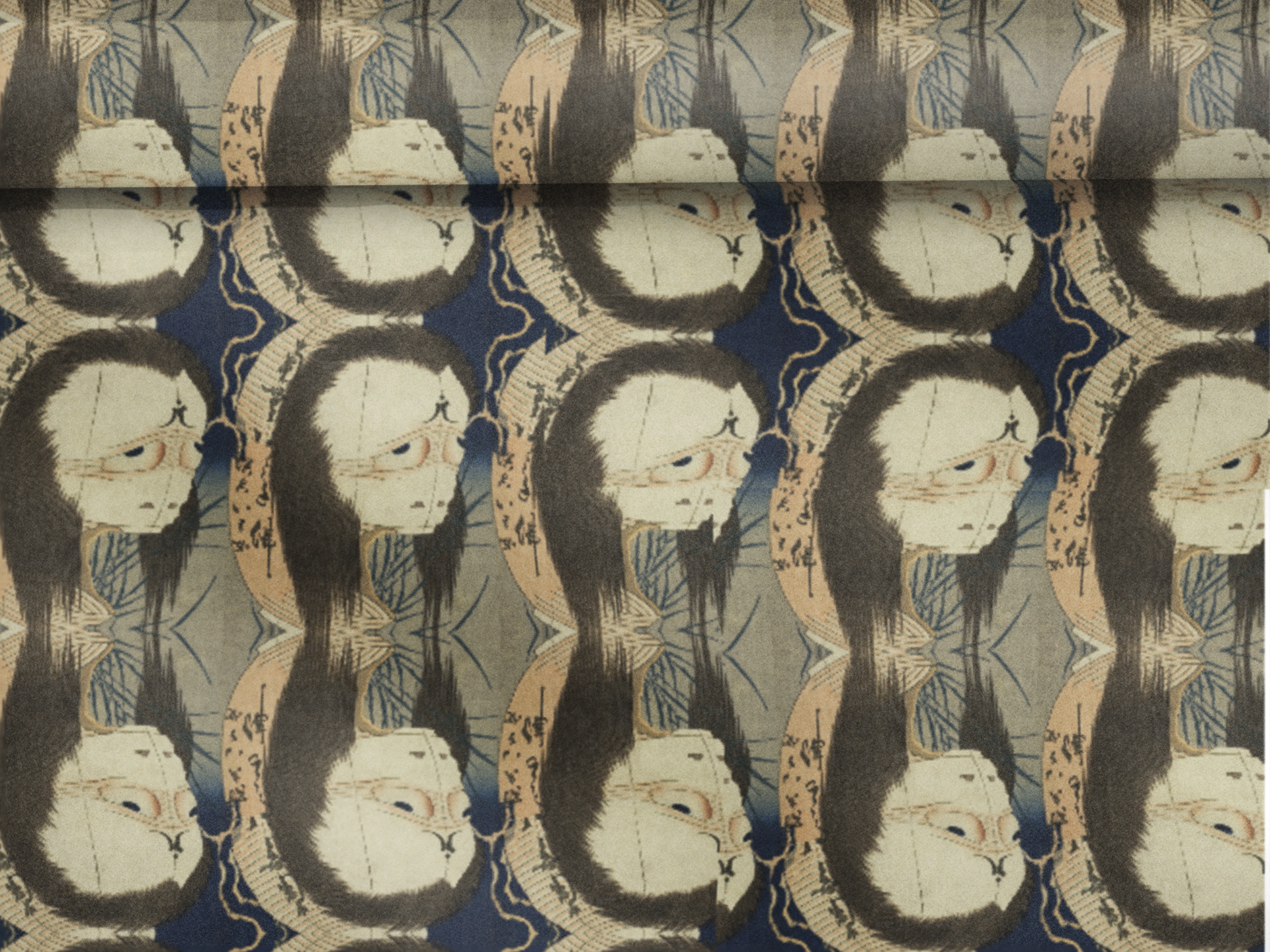 A rolled sheet of wrapping paper that mirrors and repeats the ghost Okiku from a Hokusai print. Her pale face, wide eyes and long dark hair curve into an S-shaped pattern on a muted blue and tan background.
