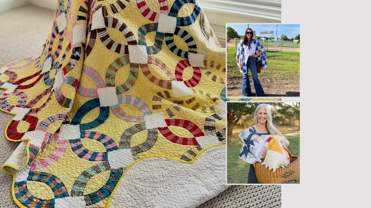 A colorful, patterned quilt with interlocking rings. Two inset photos of people with quilts.