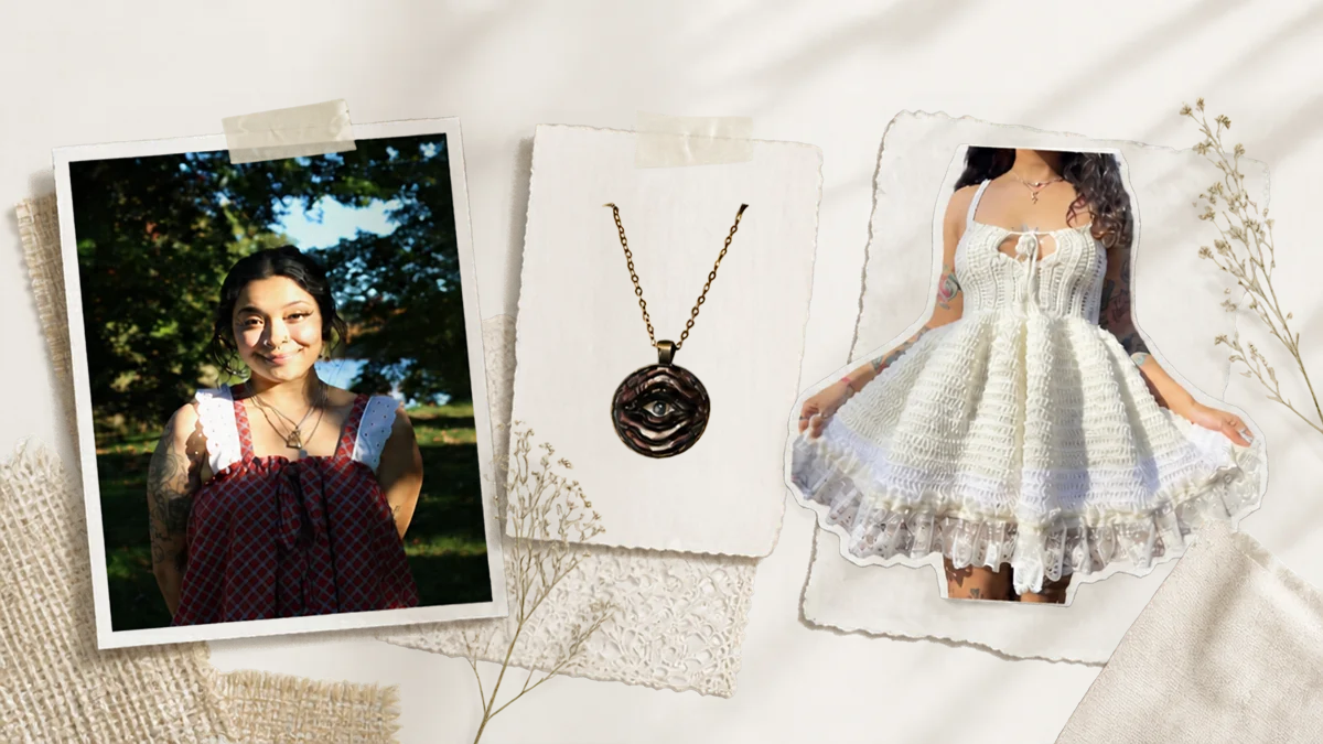 A collage of three photos on cream paper with burlap, lace and dried flowers: a smiling woman in a red plaid top, a bronze pendant necklace with a sculpted eye, and a cream crochet dress with